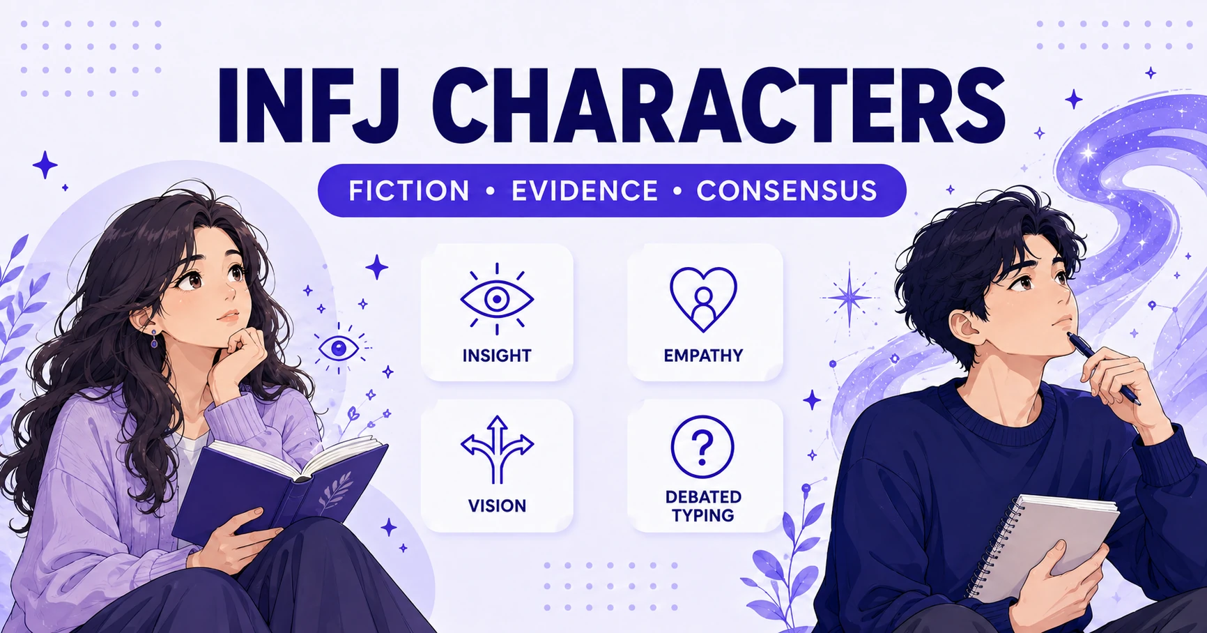 INFJ characters guide with an evidence board comparing fictional, anime, movie, and TV examples