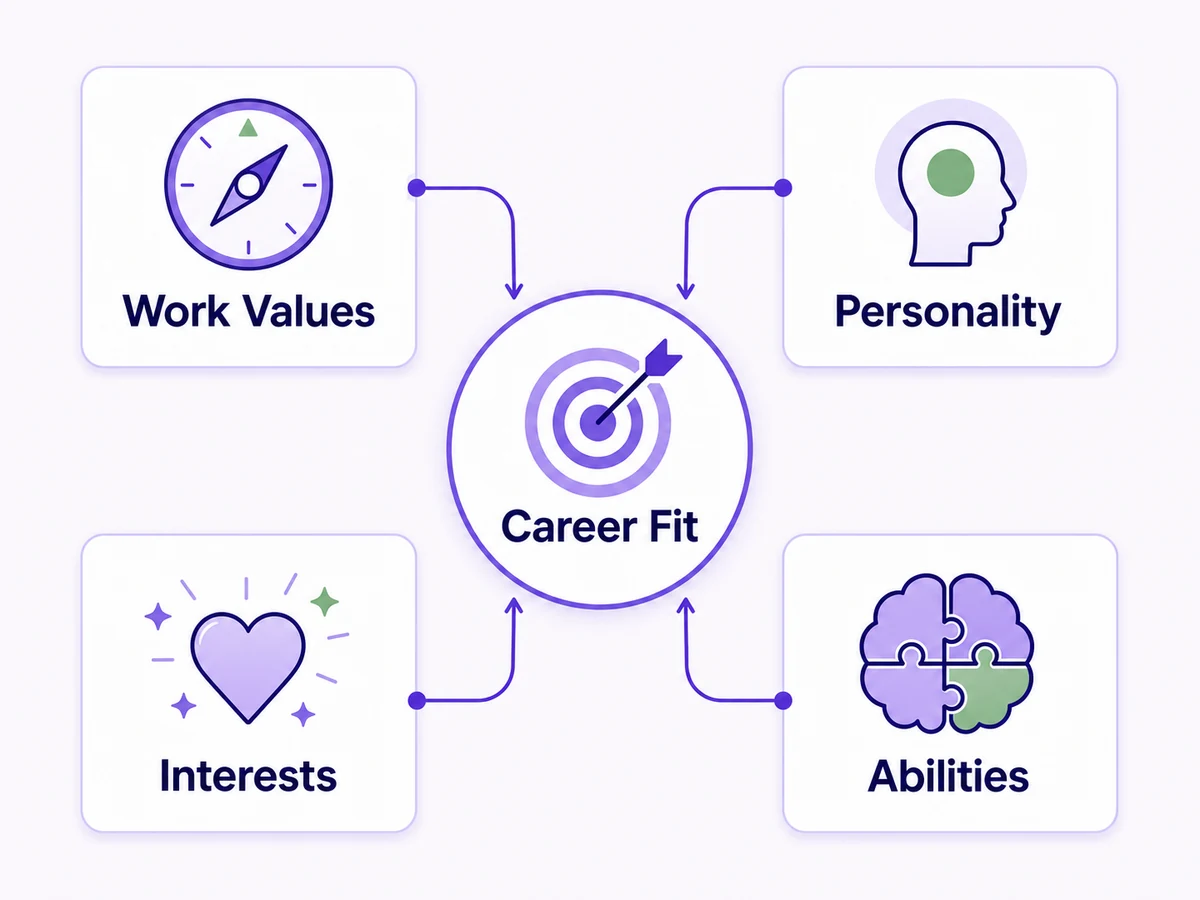 Whole-person career-fit model combining work values, personality, interests, abilities, and practical constraints.