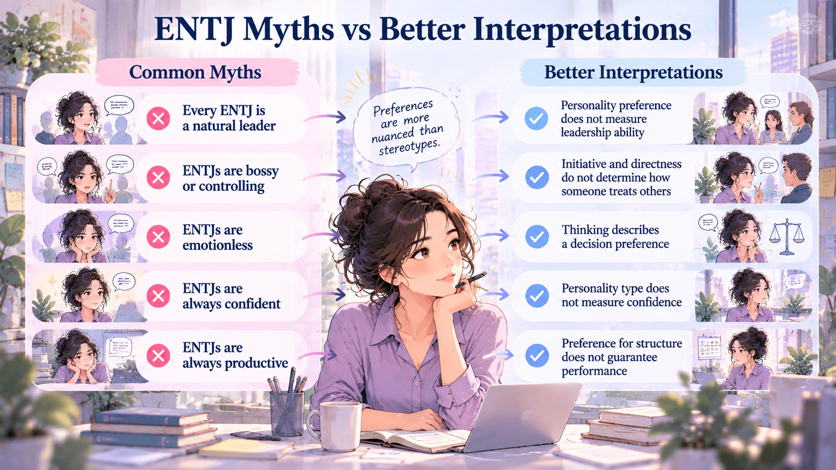 Common ENTJ personality myths compared with more accurate preference-based interpretations