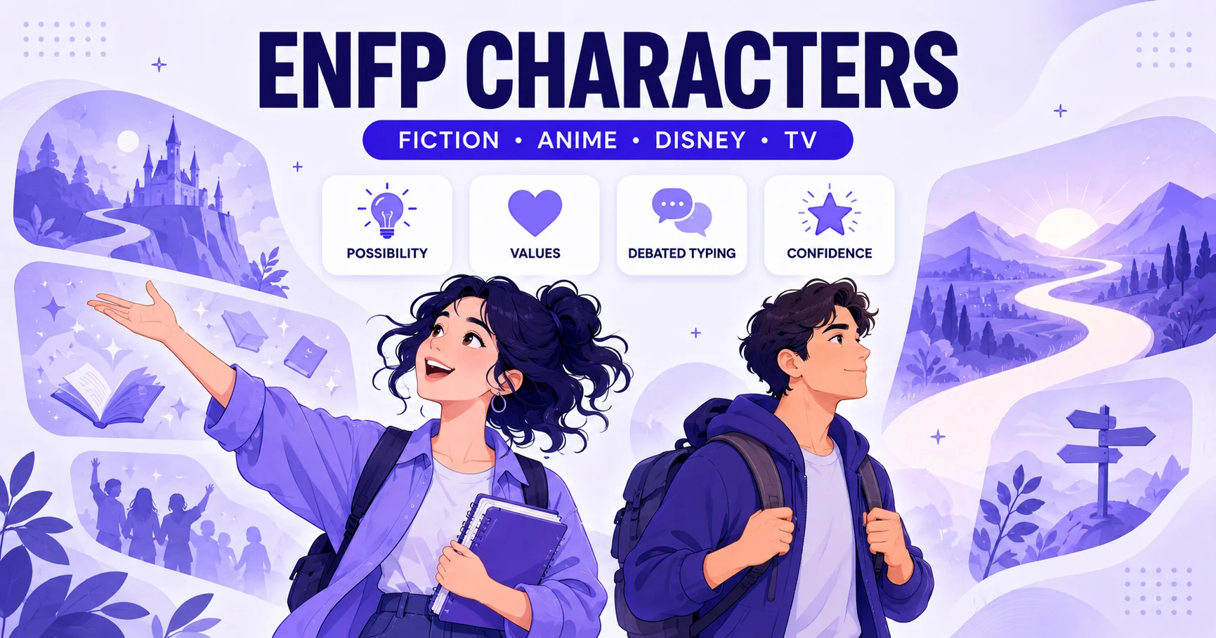 Illustration representing ENFP characters across fiction, anime, movies, and TV