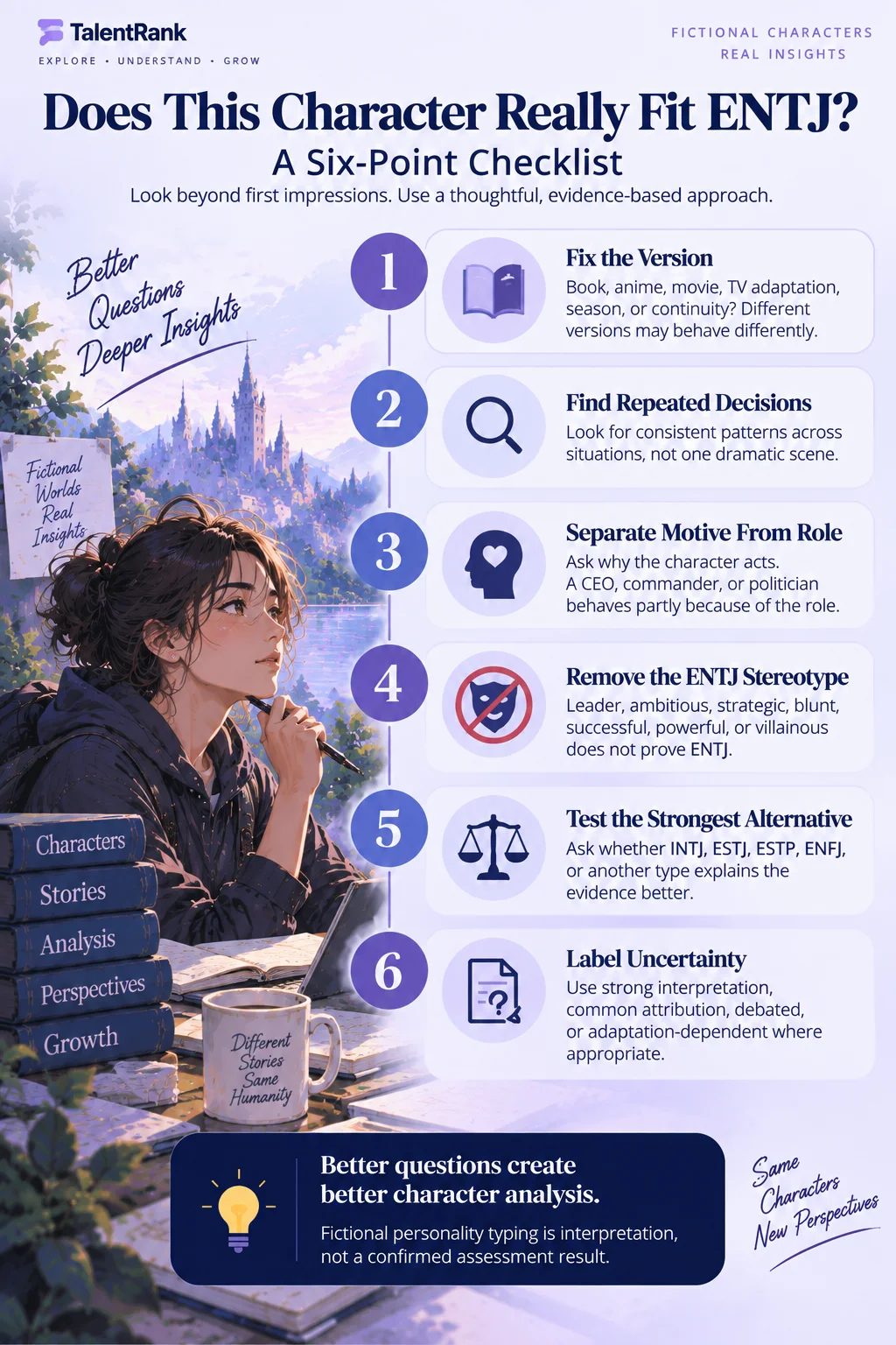 Six-point checklist for evaluating whether a fictional character fits an ENTJ interpretation