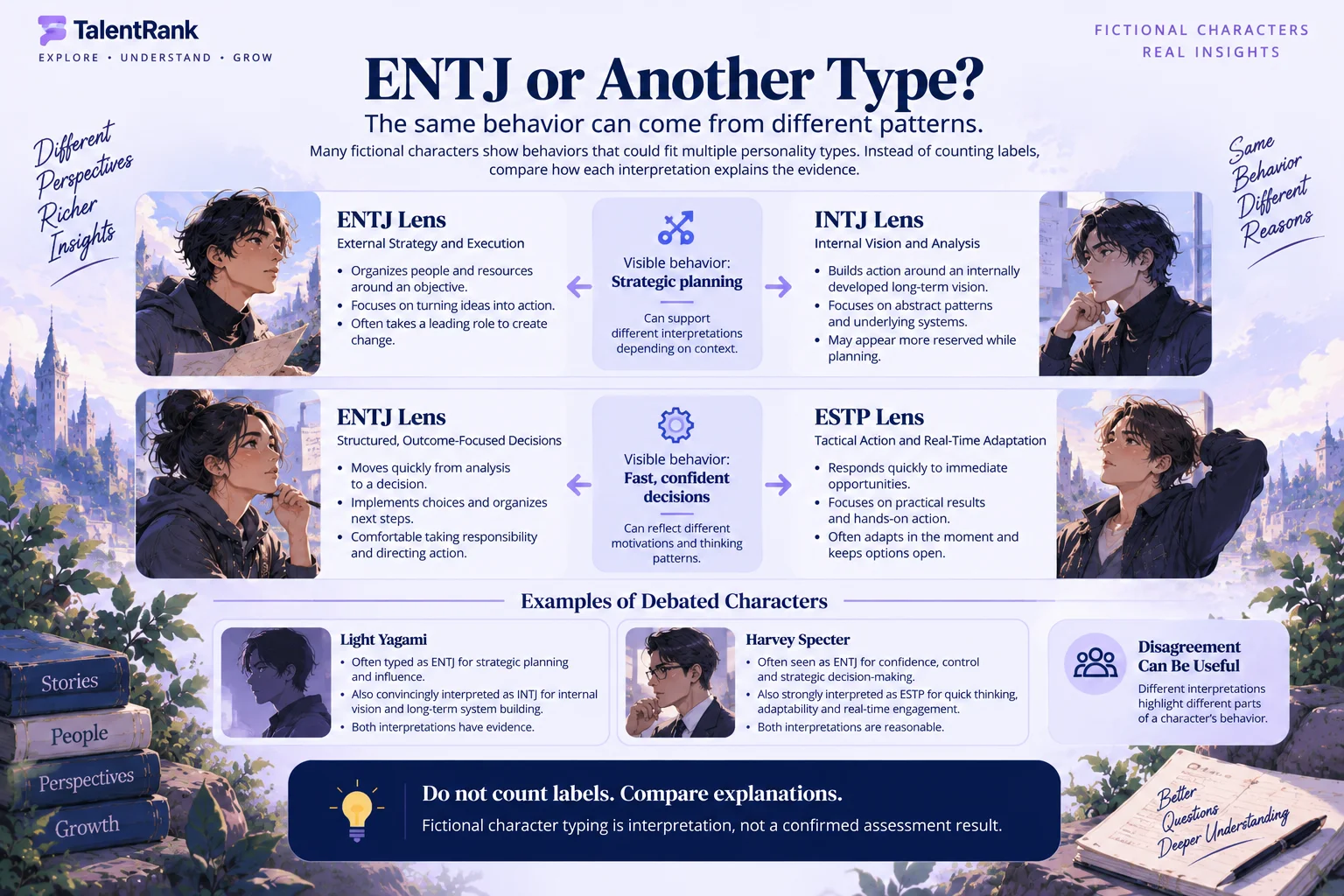 ENTJ character comparison infographic showing how the same behavior can support different personality interpretations