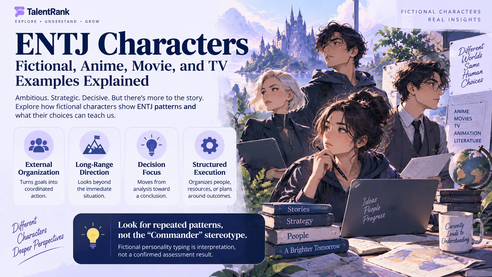 ENTJ characters infographic showing fictional character analysis across anime, movies, TV, and animation