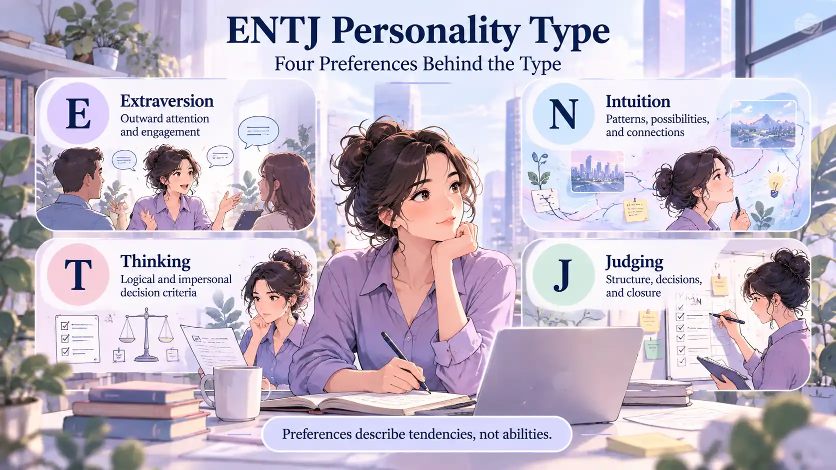 ENTJ personality type showing Extraversion, Intuition, Thinking, and Judging preferences