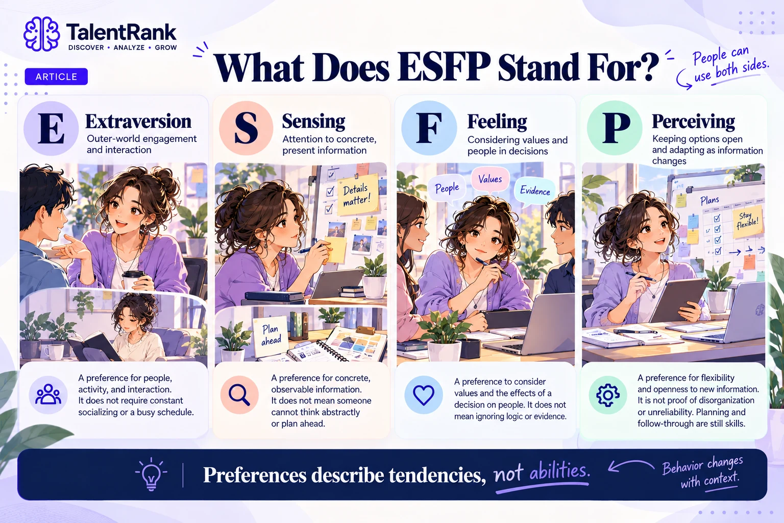 ESFP personality preferences: Extraversion, Sensing, Feeling, and Perceiving explained