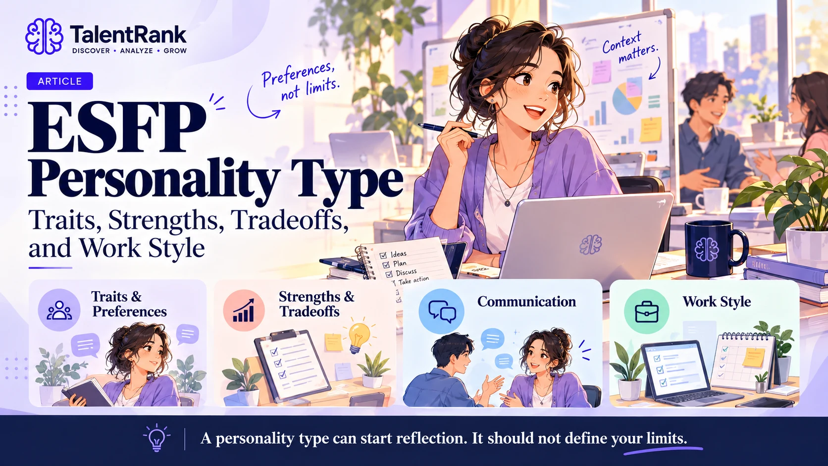 Illustration of the ESFP personality type covering traits, strengths, communication, and work style