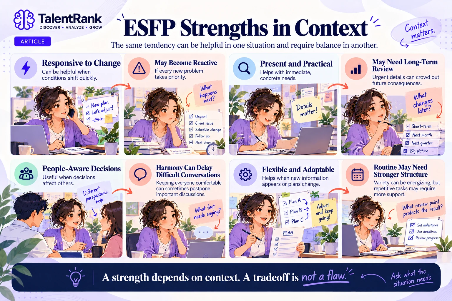 ESFP strengths and tradeoffs showing how personality tendencies can help in one context and require balance in another