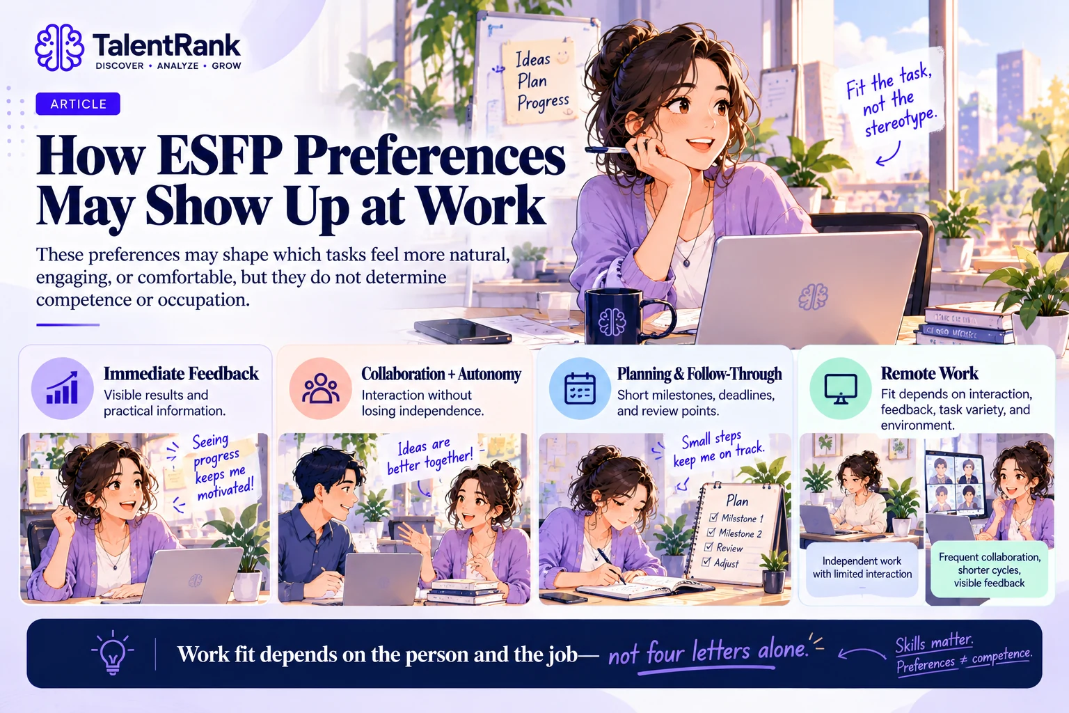 ESFP work style showing feedback, collaboration, planning, flexibility, and remote work considerations