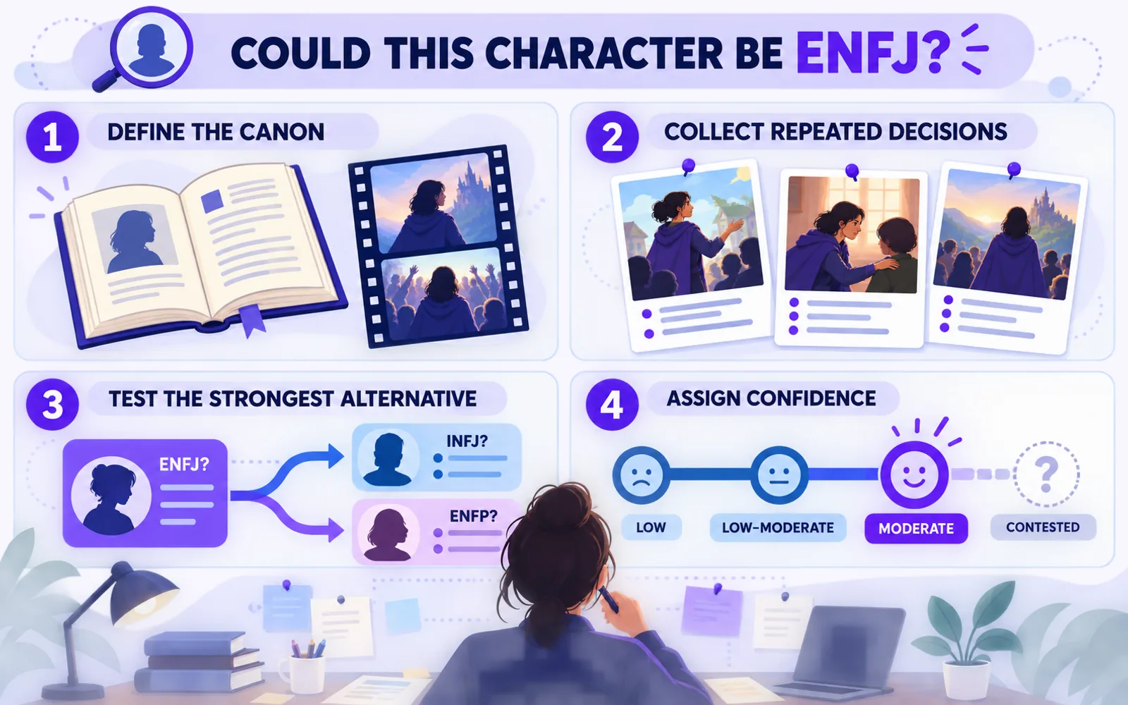 Four-step evidence checklist for evaluating whether a fictional character may fit an ENFJ interpretation