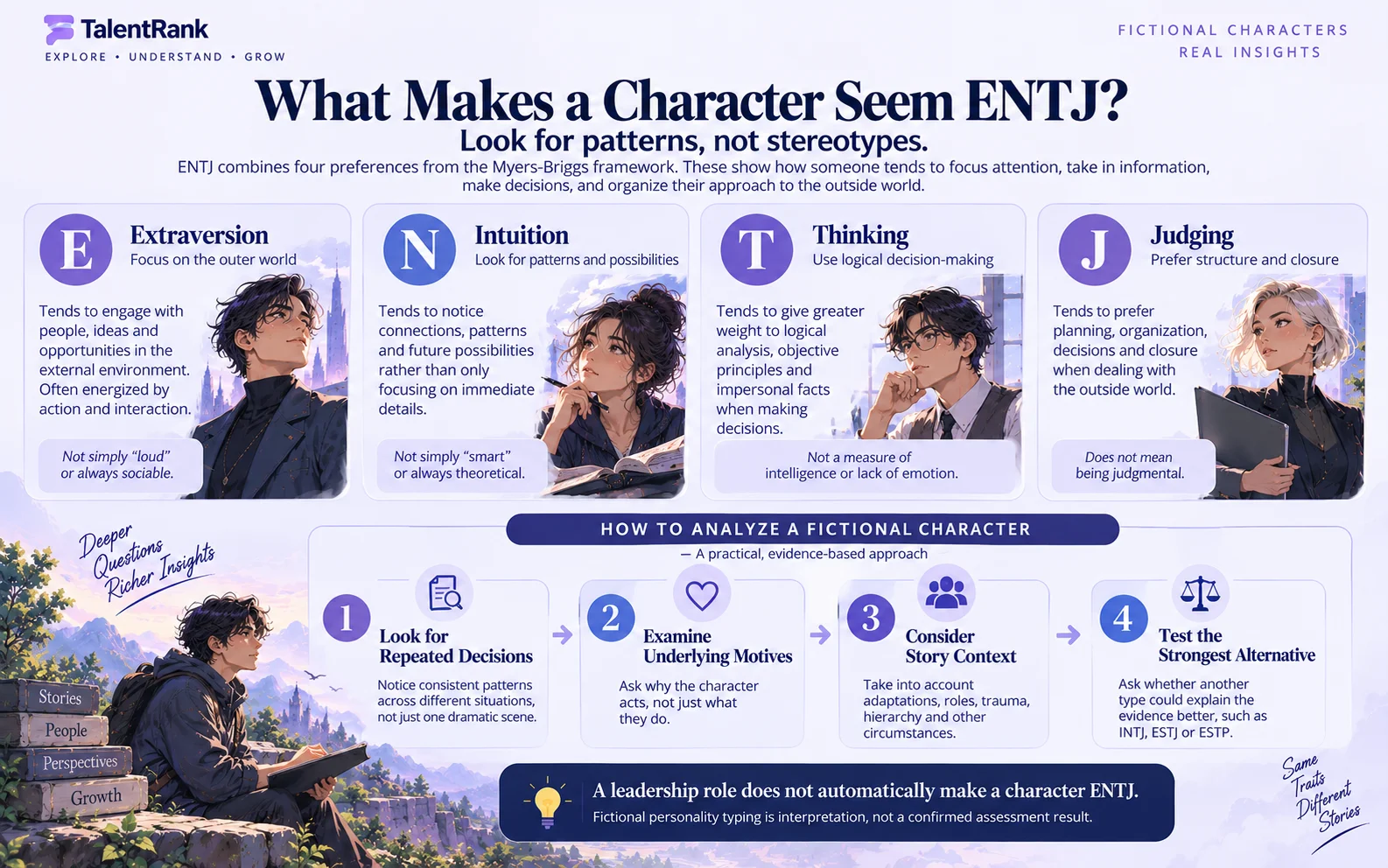 ENTJ fictional character infographic explaining Extraversion, Intuition, Thinking, Judging, and evidence-based character analysis