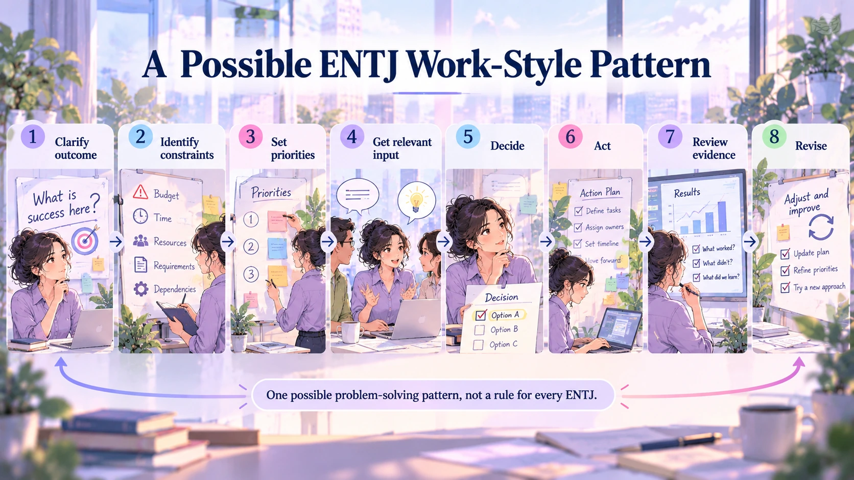 Illustrative ENTJ work style moving from defining an outcome through priorities, input, decisions, action, and revision