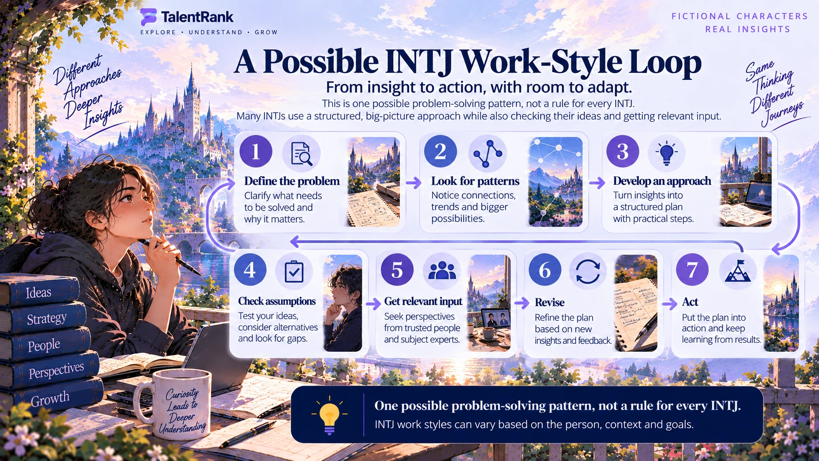 Illustrative INTJ work style process from defining a goal to reviewing outcomes