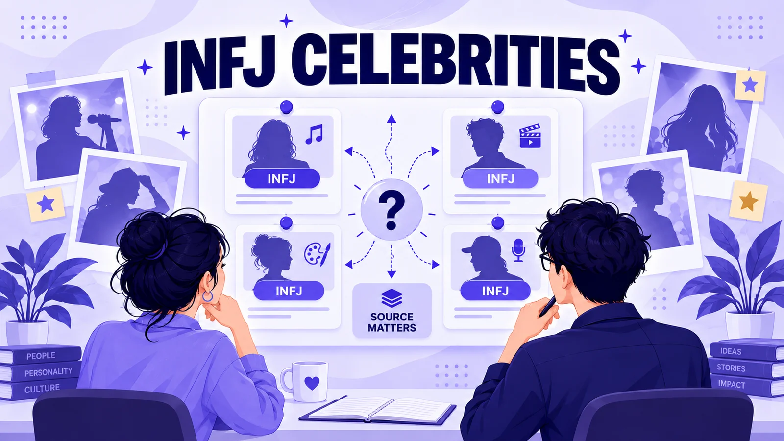 Anime-style analysts reviewing INFJ celebrity source evidence on a board
