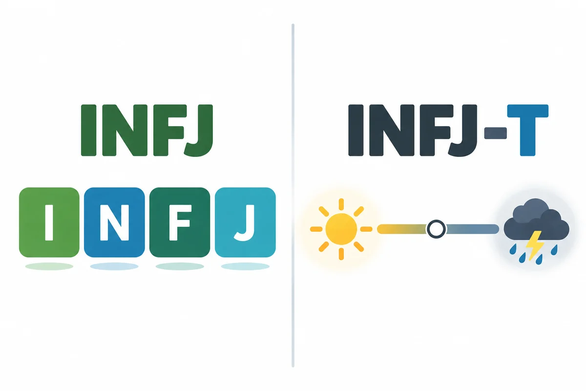 INFJ-T adds the 16Personalities Identity scale; it is not a fifth MBTI preference. INFJ four-letter preferences beside a separate Assertive and Turbulent scale