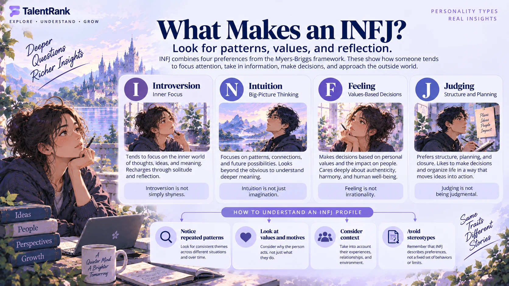 INFJ combines four preferences: Introversion, Intuition, Feeling, and Judging. INFJ personality preferences: Introversion, Intuition, Feeling, and Judging explained