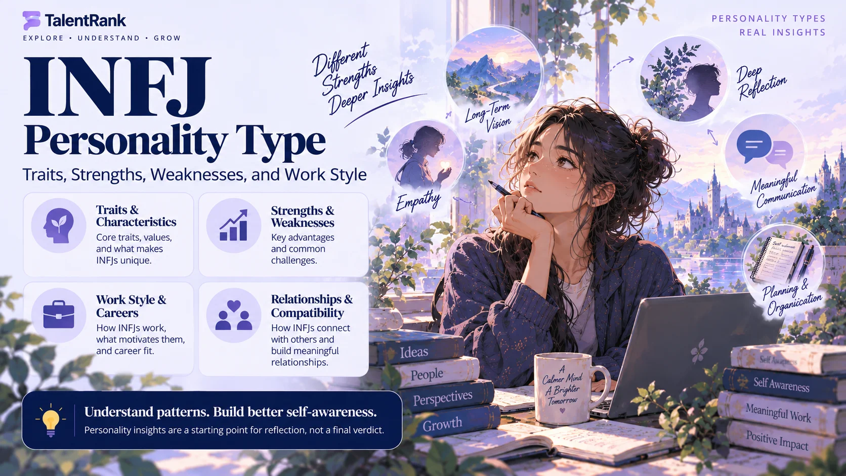 Illustration representing INFJ personality traits, reflection, communication, and work style