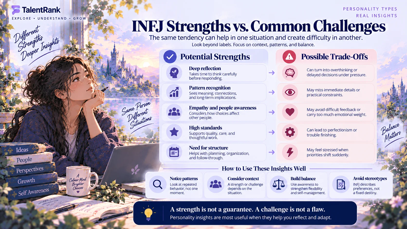 The same INFJ tendency can be a strength in one situation and a challenge in another. INFJ strengths and weaknesses showing how personality tendencies can create different trade-offs