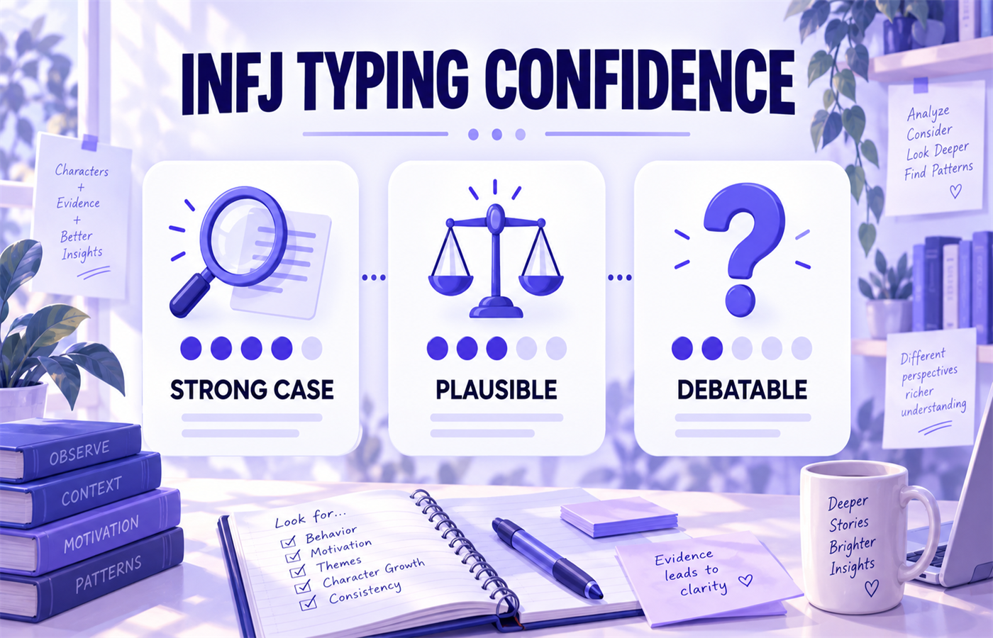 INFJ typing confidence labels showing strong case, plausible, and debatable categories
