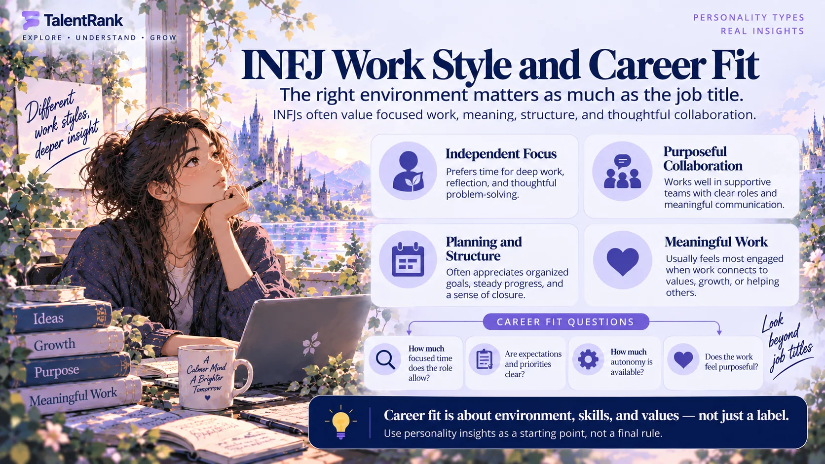 Career fit depends on the work environment, skills, values, and responsibilities, not personality type alone. INFJ work style and career fit based on focus, collaboration, structure, and meaningful work