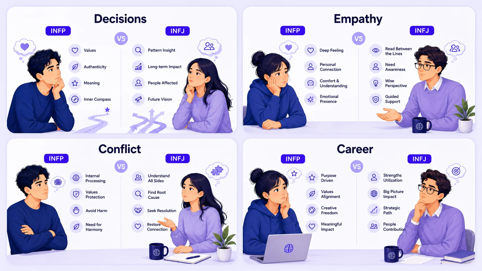 INFP and INFJ differences in decisions empathy conflict and career situations