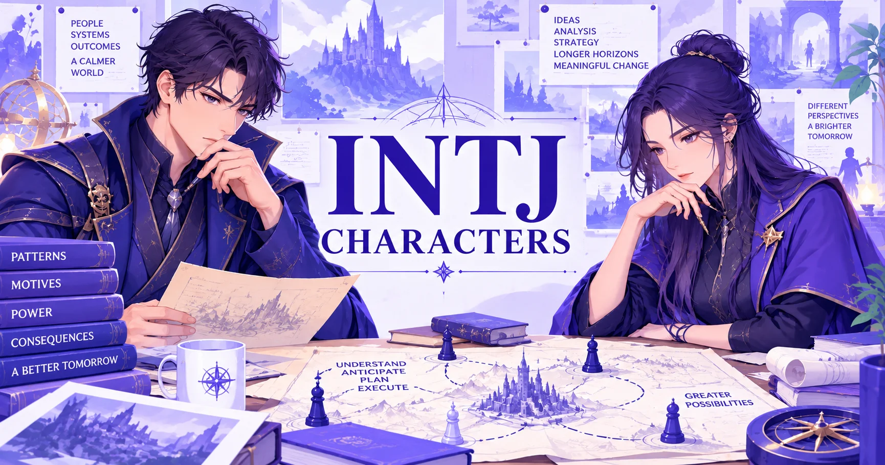 Original illustrated INTJ Characters hero showing fictional strategists reviewing story evidence