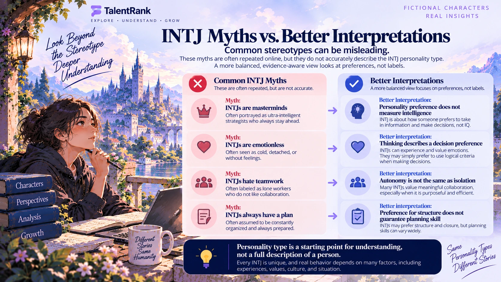 INTJ myths compared with balanced interpretations about intelligence, emotions, teamwork, and planning