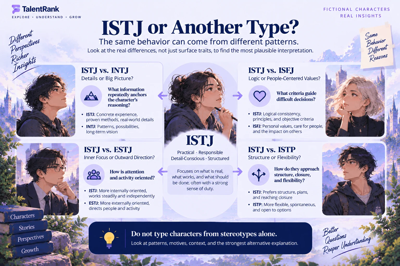 Comparison questions for distinguishing ISTJ from INTJ, ISFJ, ESTJ, and ISTP characters