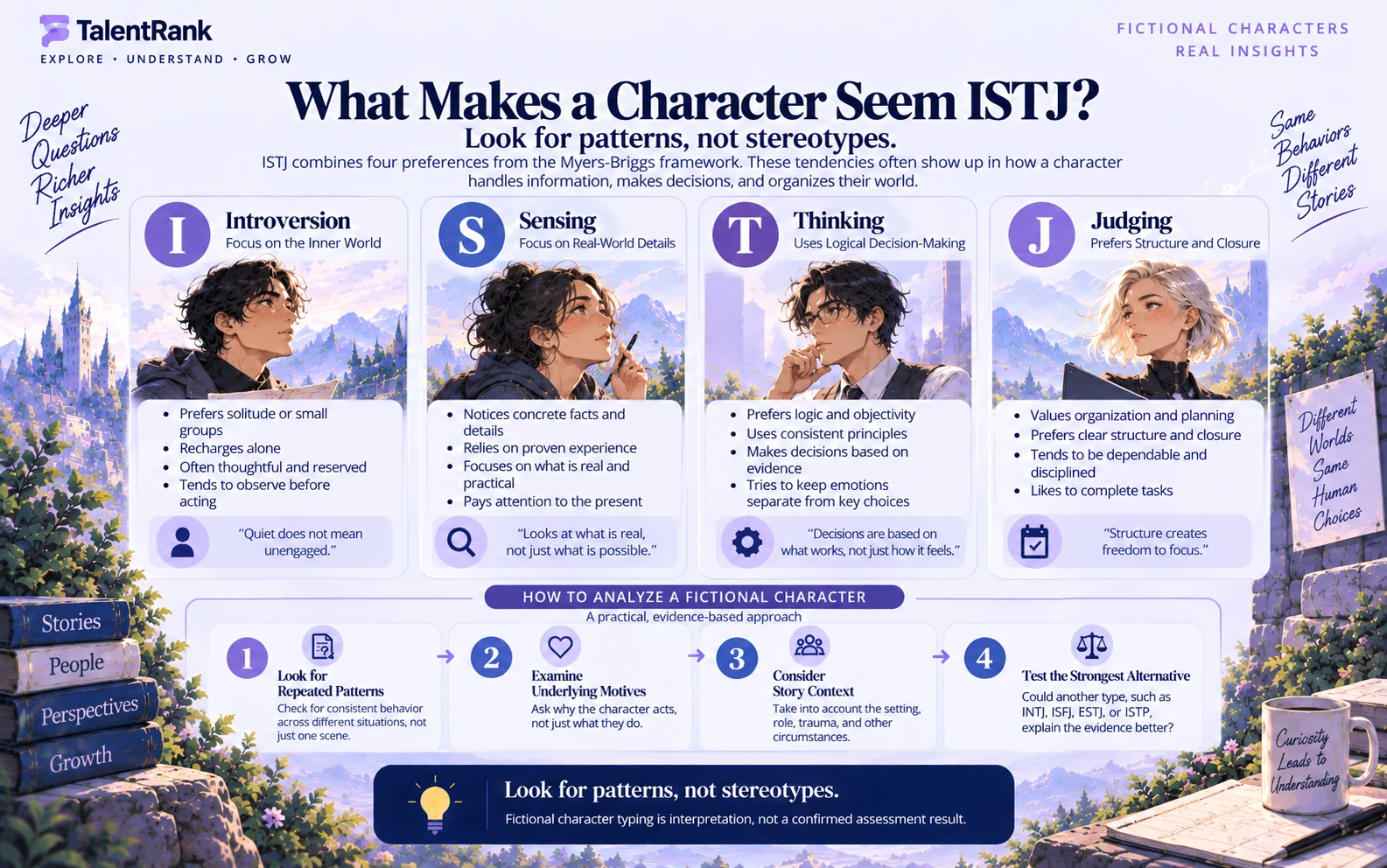 Infographic explaining Introversion, Sensing, Thinking, and Judging when analyzing fictional characters