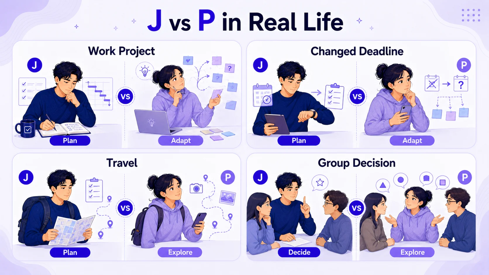 J vs P MBTI differences in work travel and decisions