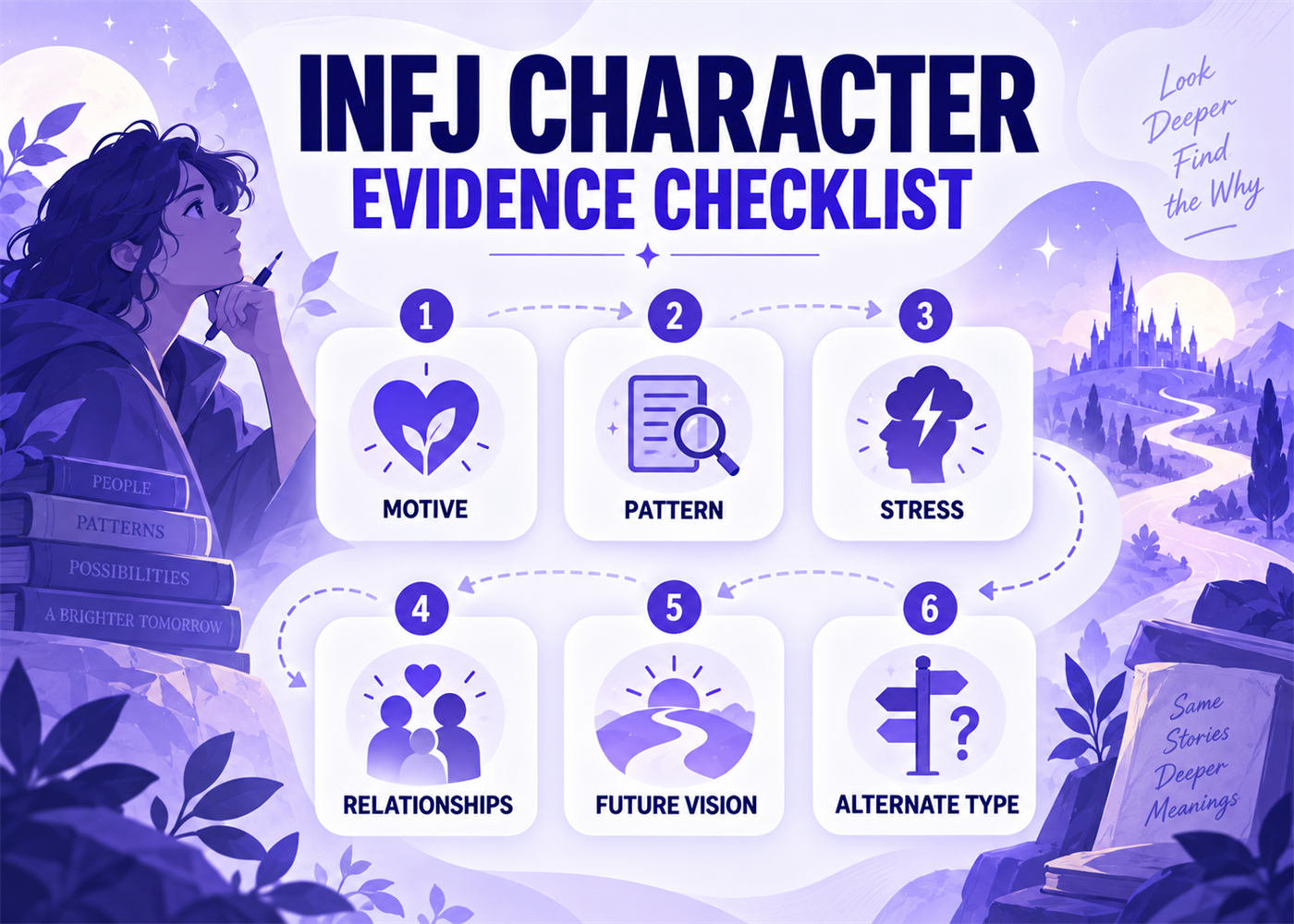 NFJ character evidence checklist showing motive, pattern, stress, relationships, future vision, and alternate type