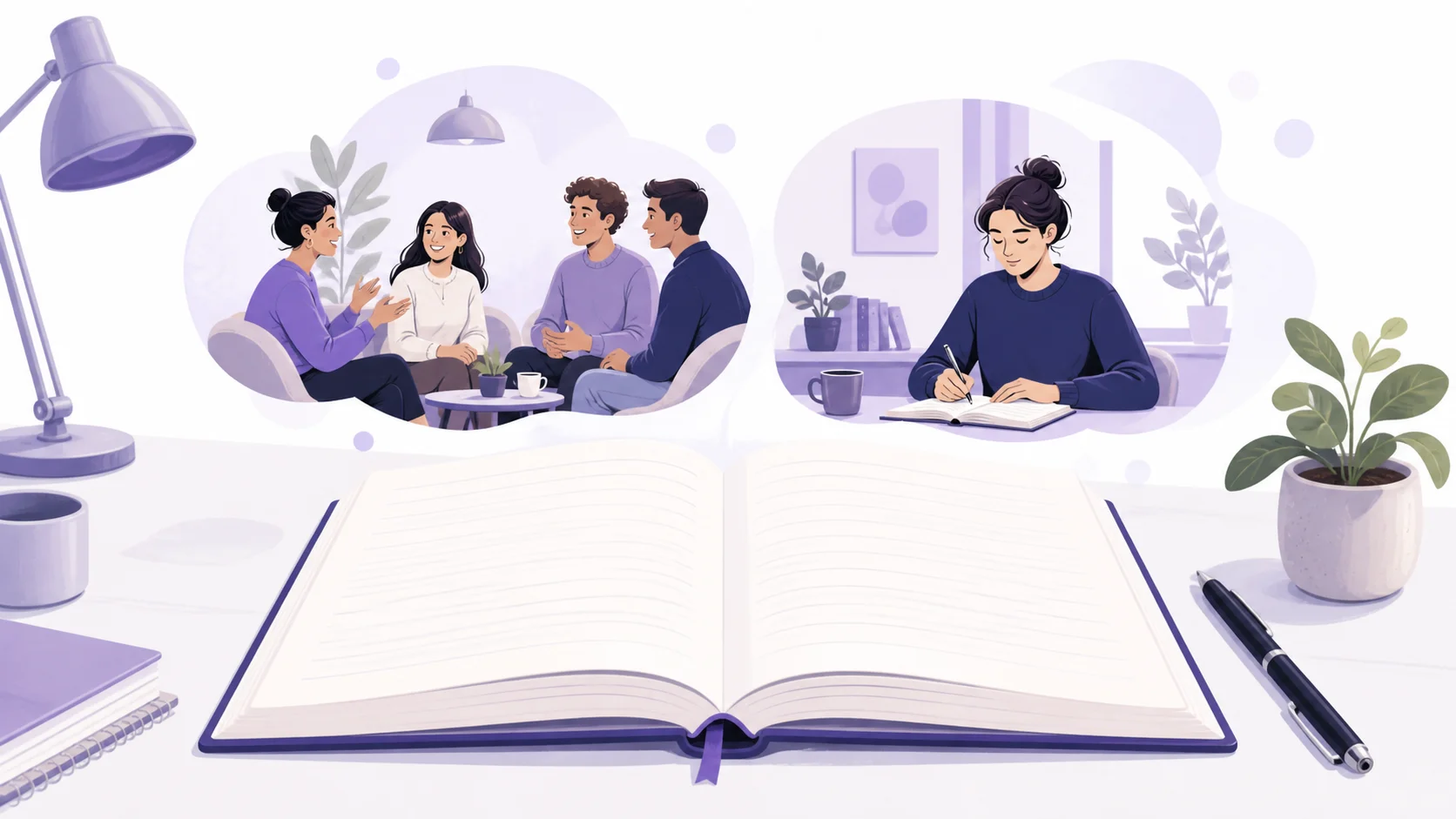 Open notebook with illustrations of a group conversation and a quiet writing task
