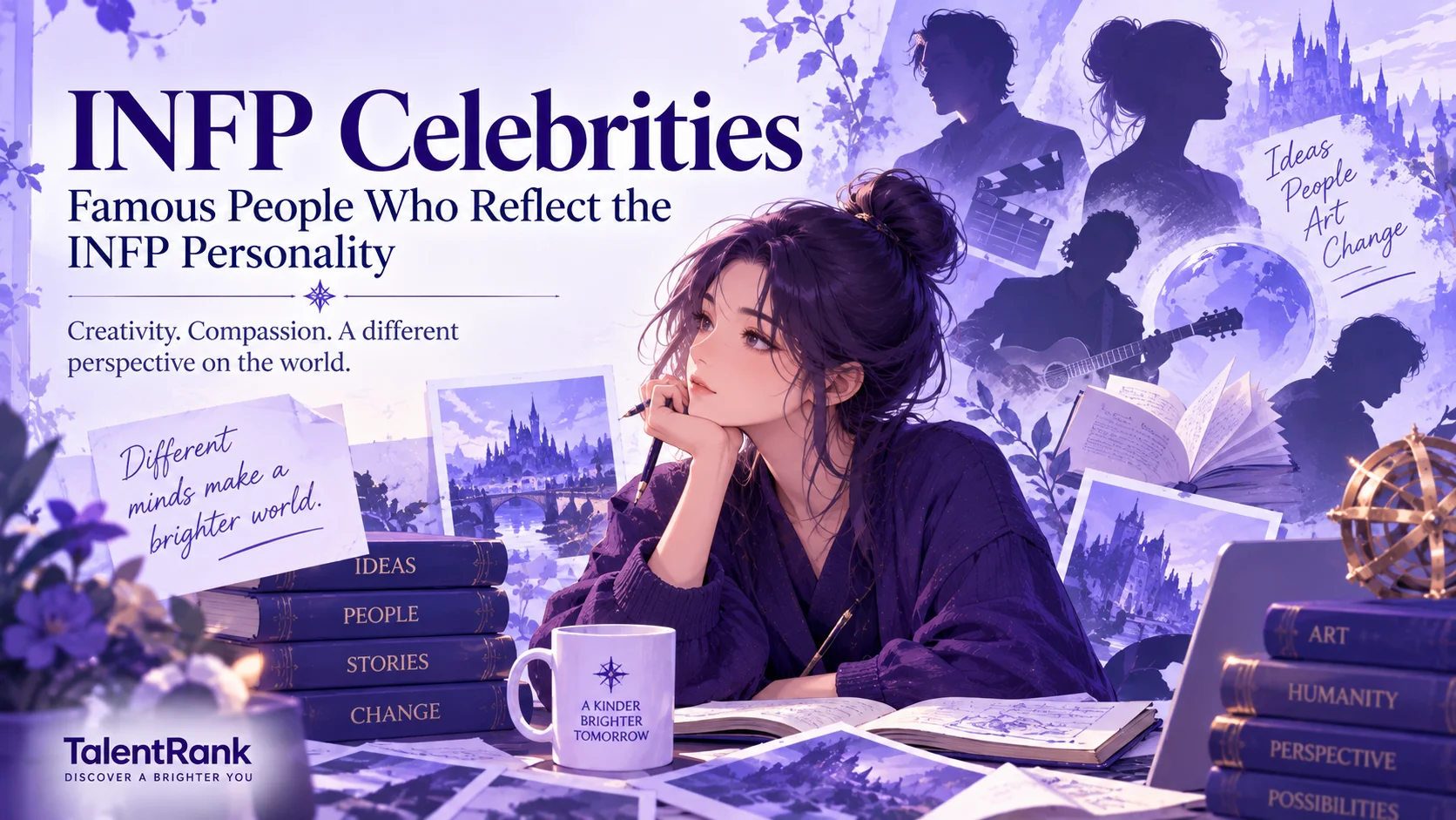 INFP celebrities illustration featuring a thoughtful creative woman with books, music, film, art, and writing imagery