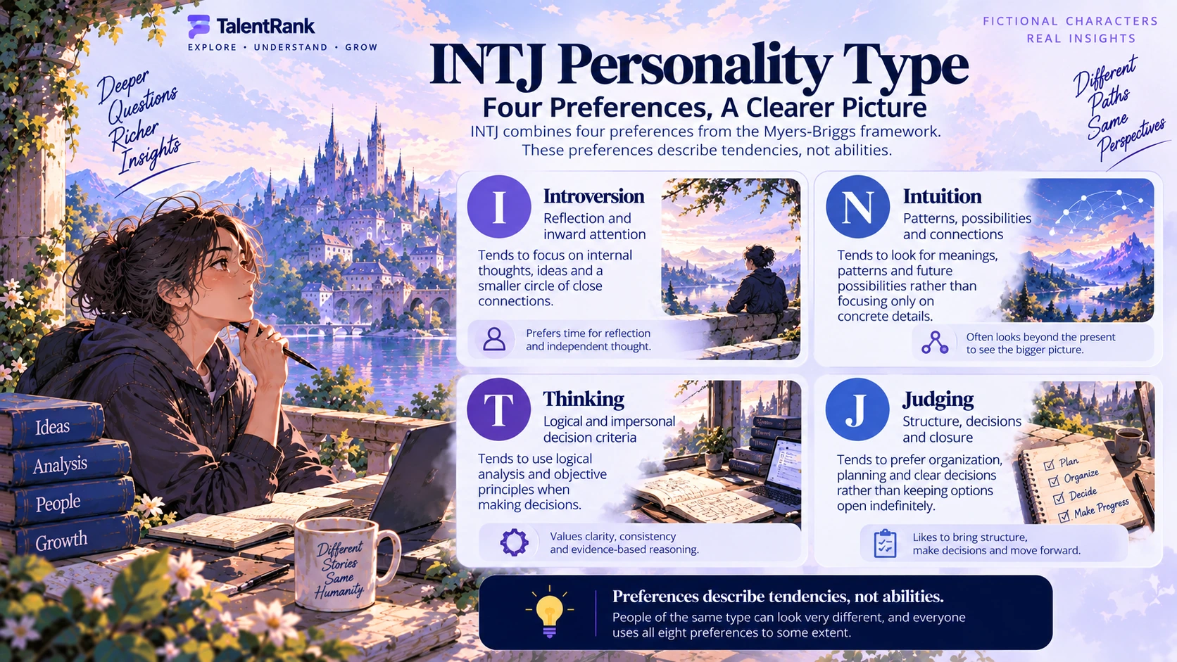 The four INTJ preferences: Introversion, Intuition, Thinking, and Judging